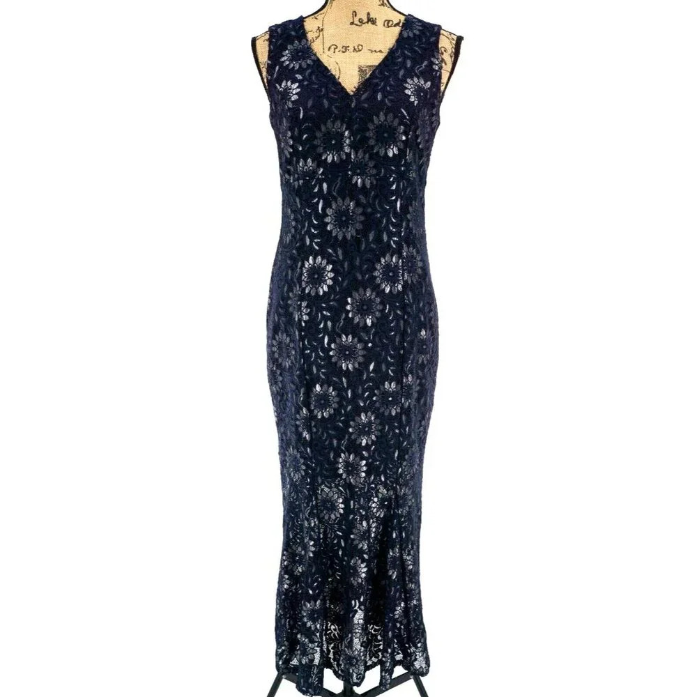 Enfocus Studio Dress Women 6 Dark Blue Gold Sleeveless Lace Maxi Evening Party‎